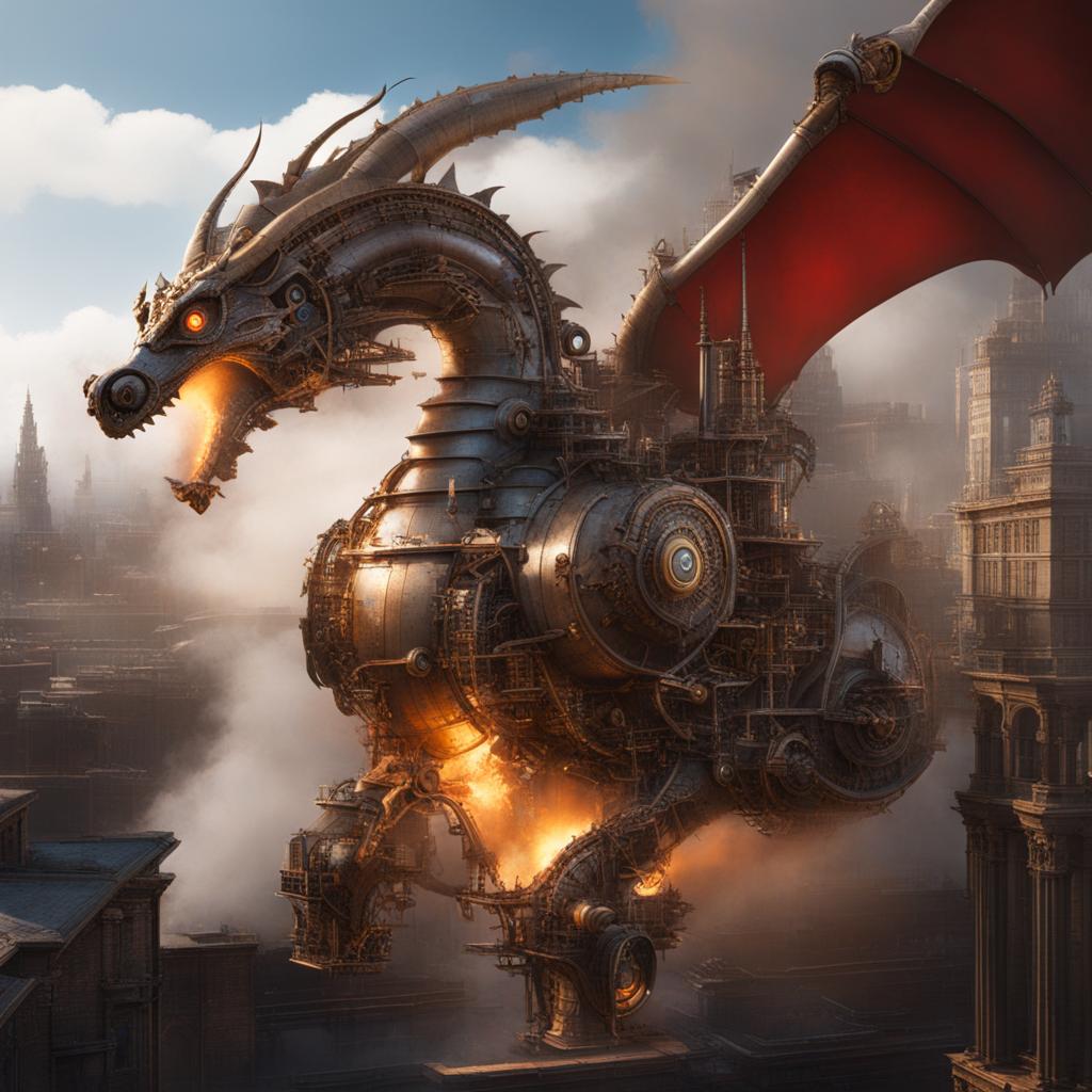steam dragon emerging from the heart of a steam-powered metropolis, its mechanical limbs echoing the industrial age. 
