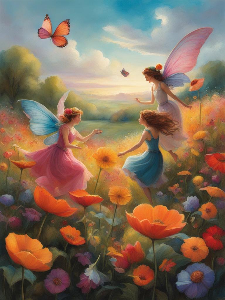 whimsical fairy folk frolicking in a field of vibrant, oversized flowers. 