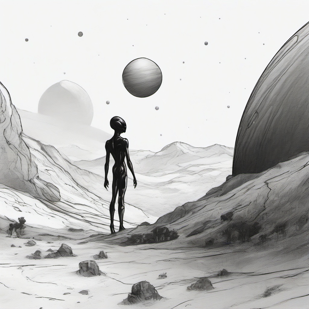 drawing of an alien on a planet  minimal rough sketch scribbles,doodles,black and white