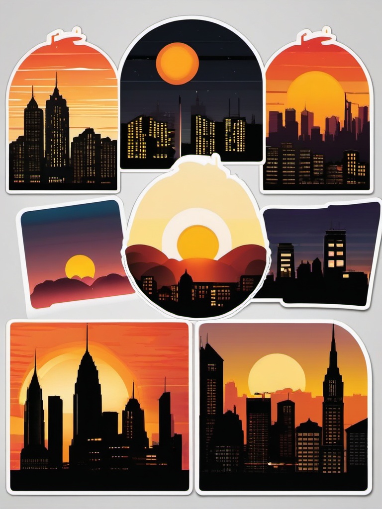 Sunset over urban skyline sticker- City lights, , sticker vector art, minimalist design