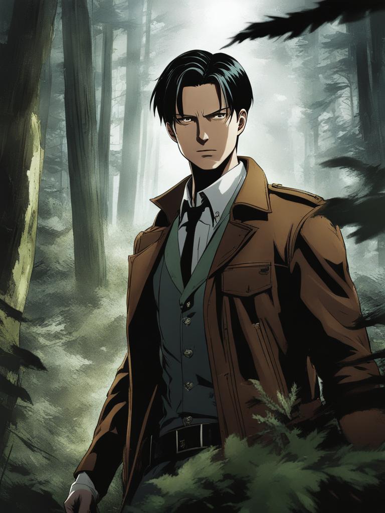 levi ackerman maneuvers gracefully through a dense forest while taking down titans. 