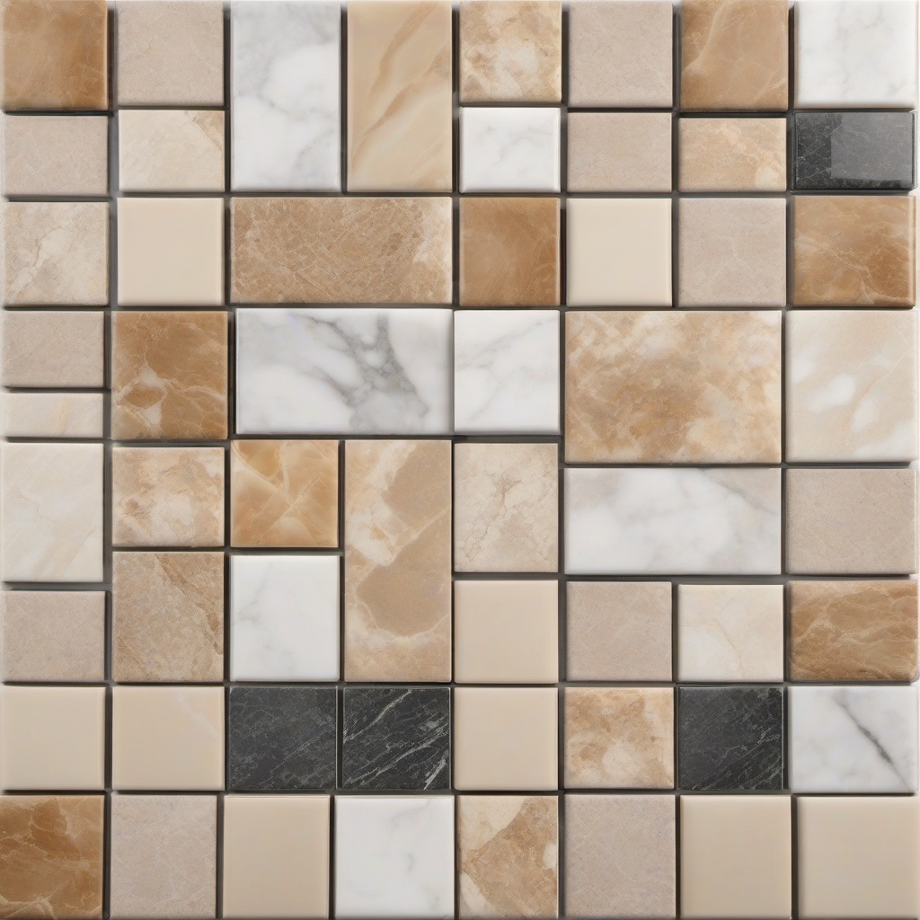 Marble and travertine patchwork tile layout top view, product photoshoot realistic background, hyper detail, high resolution