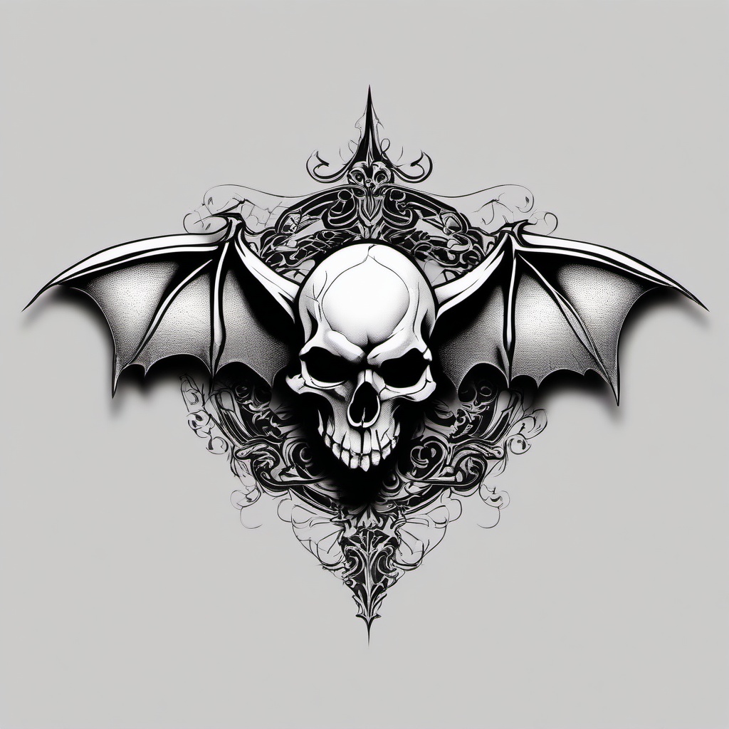 Bat and Skull Tattoo-Dark and gothic tattoo design featuring a combination of bats and skulls.  simple color tattoo,white background