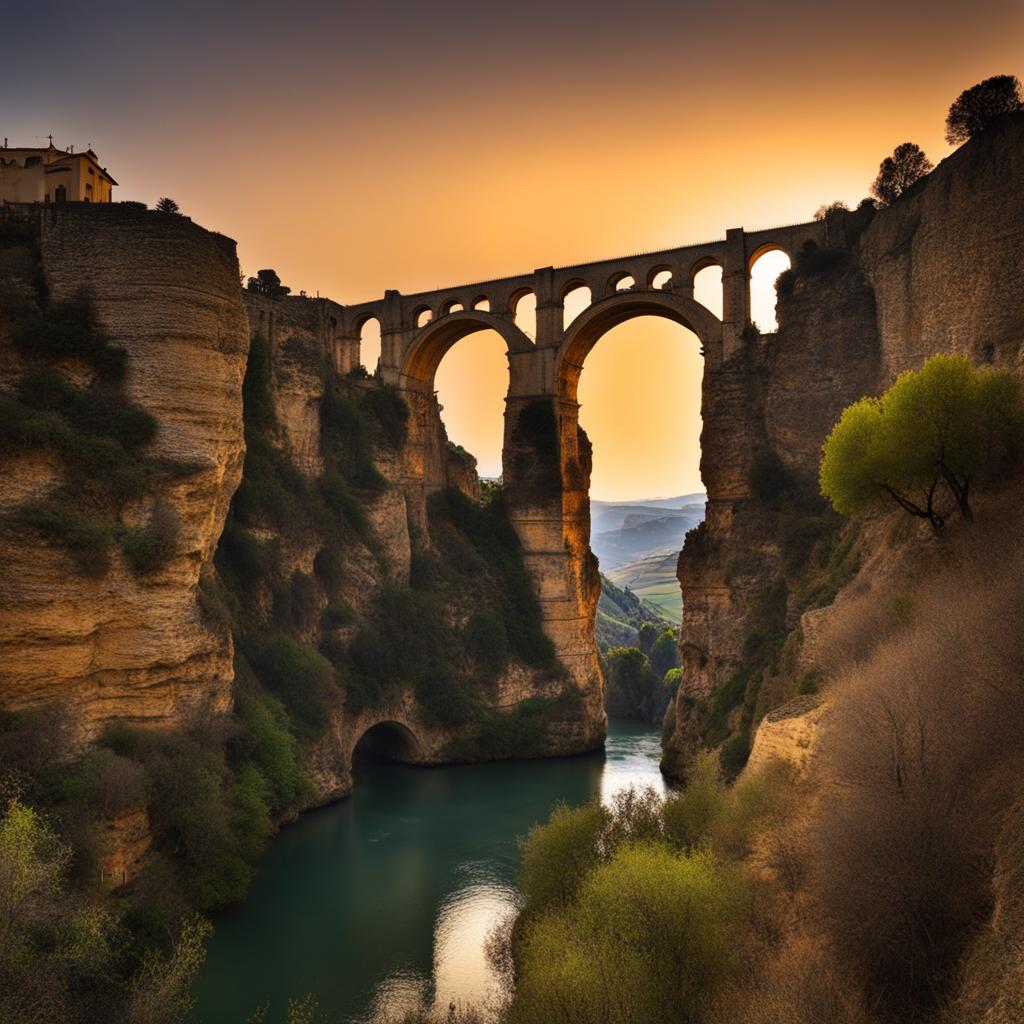 secrets of ronda's gorge - illustrate the enigmatic beauty of ronda's deep gorge, with its historic bridge and dramatic cliffs. 