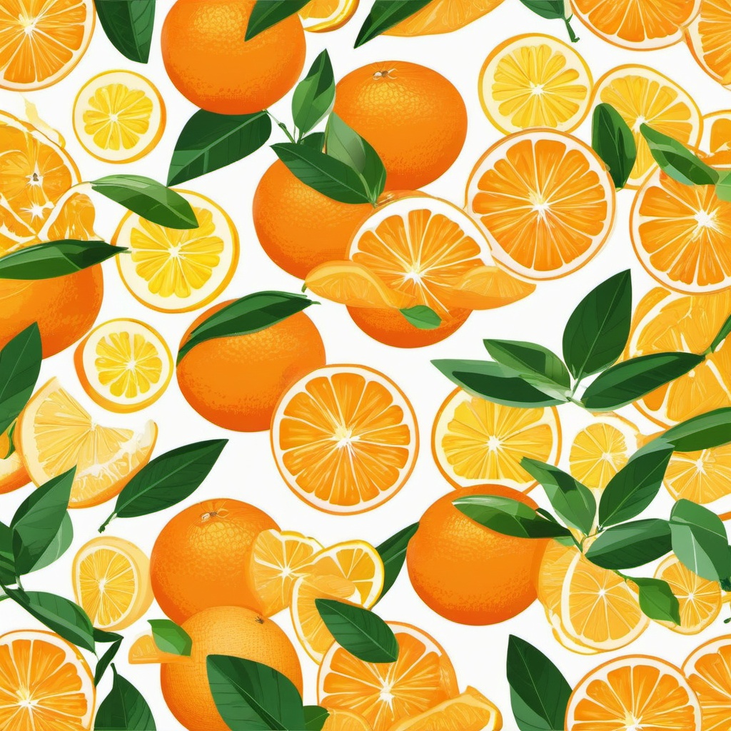 Orange Slices and Citrus Leaves Clipart - Slices of oranges with vibrant citrus leaves.  color vector clipart, minimal style