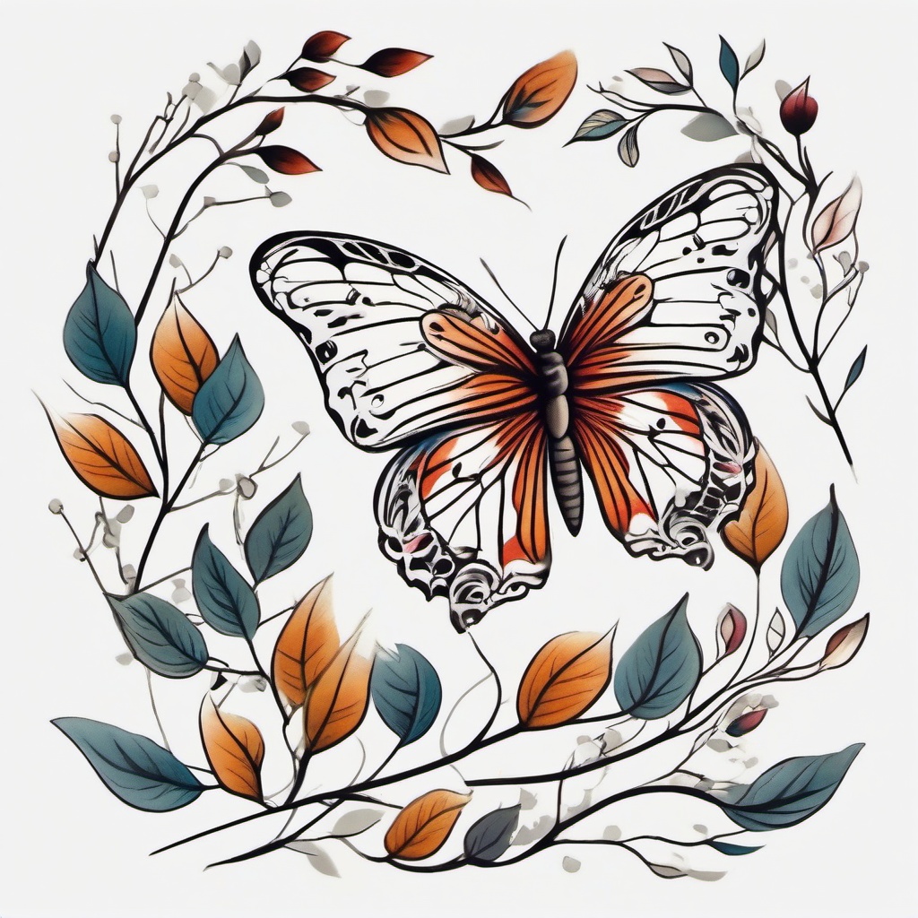 butterfly and leaves tattoo  simple color tattoo, minimal, white background