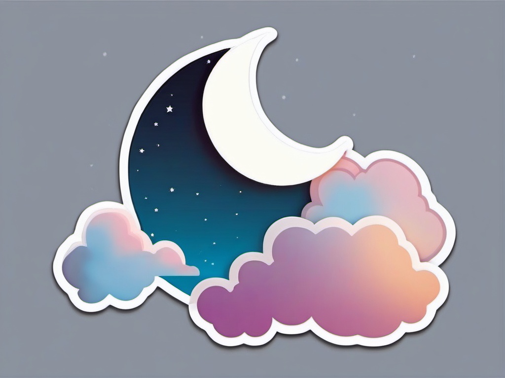 Moon and Clouds Sticker - Crescent moon amidst fluffy clouds, ,vector color sticker art,minimal