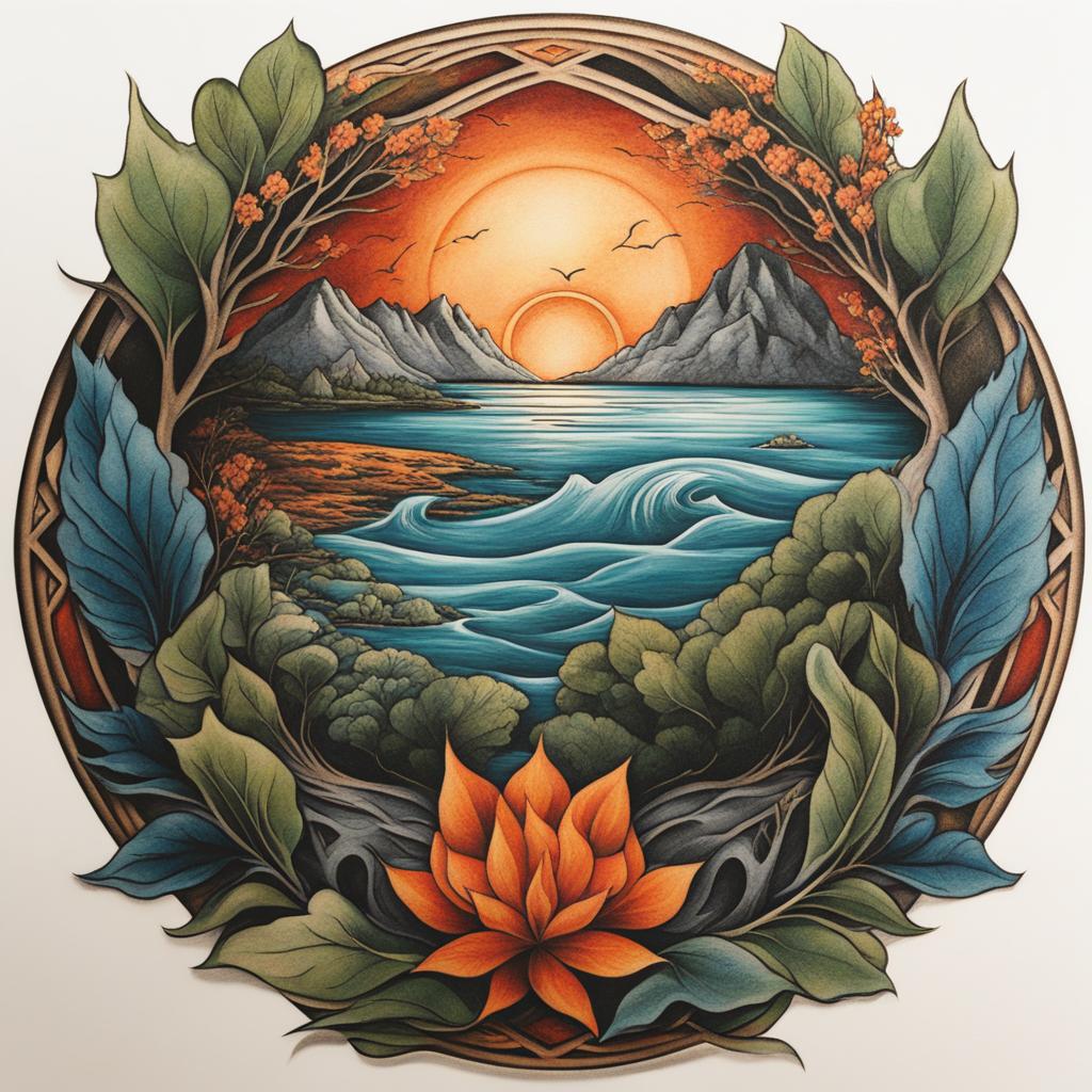 nature's elements - design a tattoo that incorporates earth, air, fire, and water elements in a harmonious blend. 