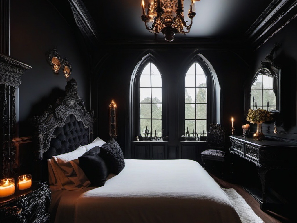 In the guest bedroom, Gothic interior design offers a cozy yet dramatic atmosphere with dark bedding, ornate furniture, and decor that makes visitors feel enchanted and welcome.  