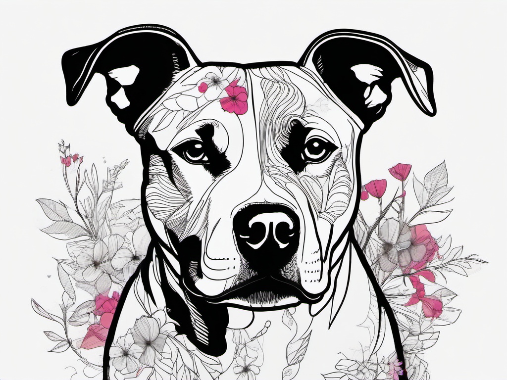 drawing of a pitbull with colorful flowers  minimal rough sketch scribbles,doodles,black and white