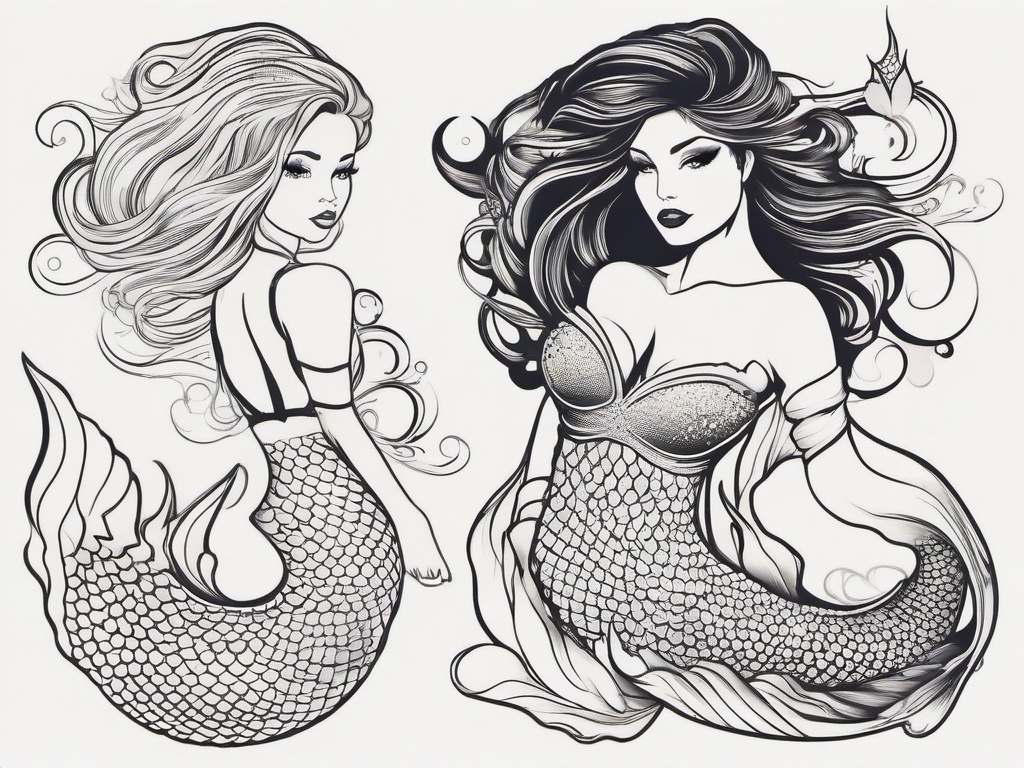 Mermaid Tattoo Ideas - Explore a variety of creative ideas for your mermaid-themed tattoo.  simple vector color tattoo,minimal,white background