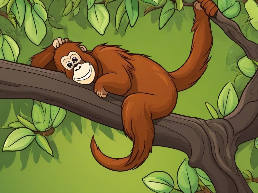 Orangutan Cartoon - Cartoon of orangutan hanging on branches  