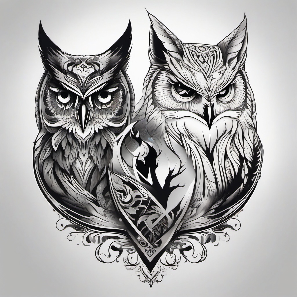 Owl and Wolf Tattoo,stunning union of the owl and the wolf, marriage of elegance and power. , tattoo design, white clean background