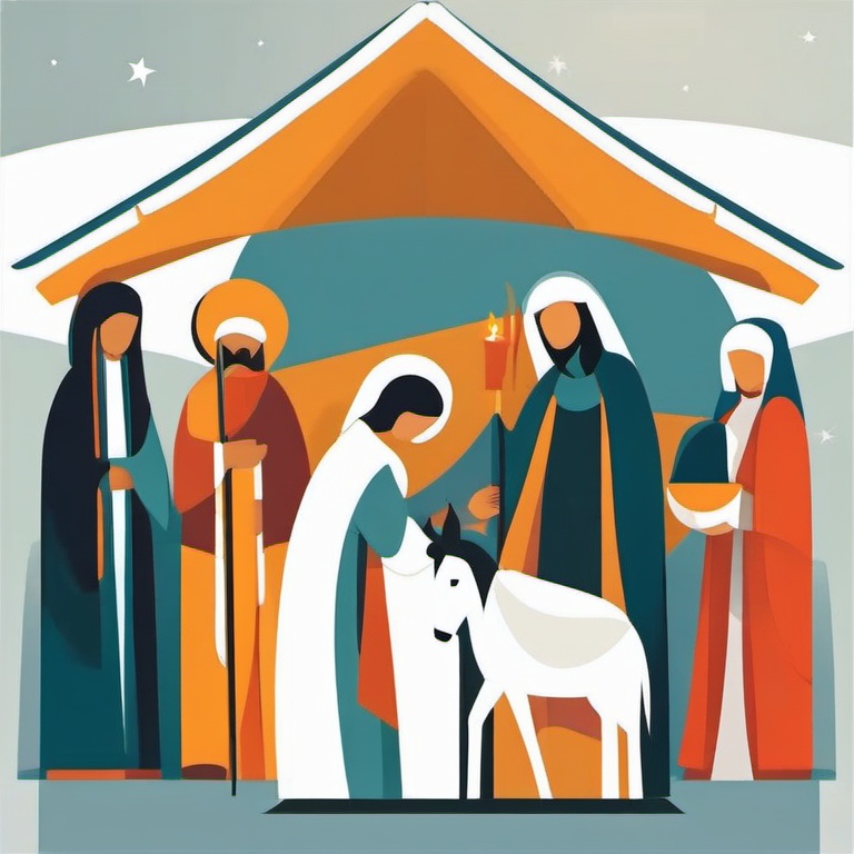 Clip art nativity scene, A serene nativity - midle eastern  simple, 2d flat draw in abstract style