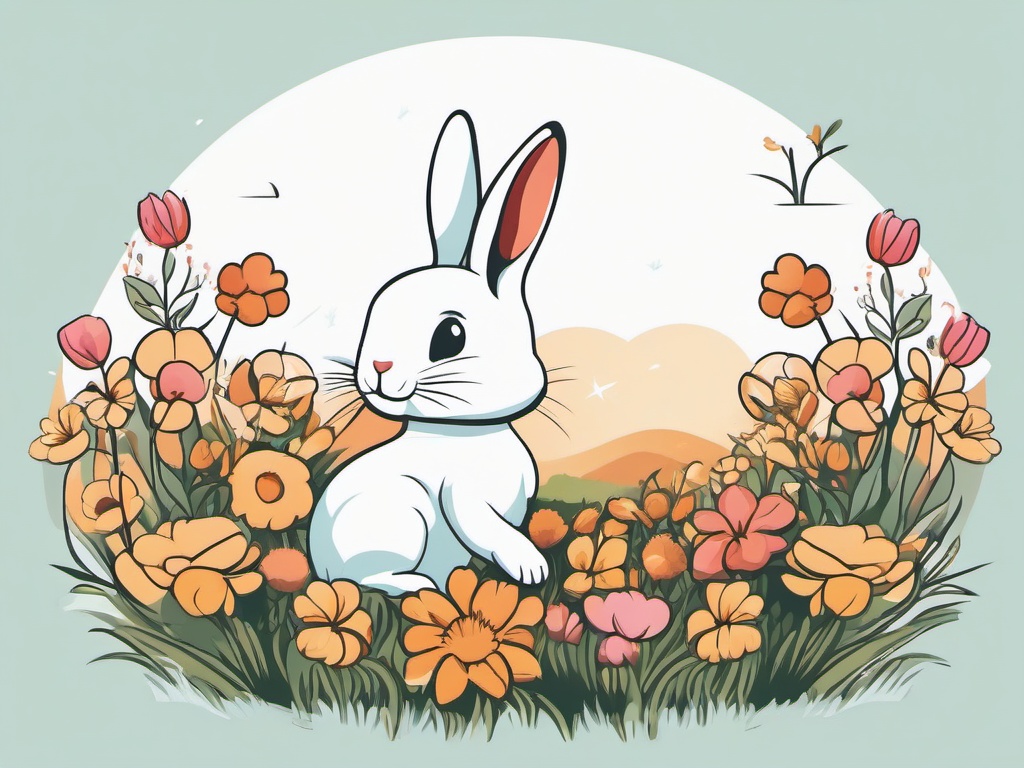 Rabbit clipart - rabbit playing in a field of flowers  color,minimalist,vector clipart