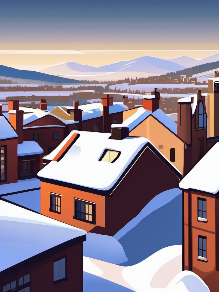 Snowy Rooftop View clipart - Snow-covered rooftop overlooking a town, ,vector color clipart,minimal