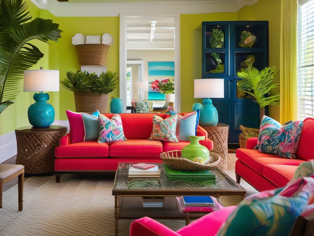 South Beach living room features bright colors, comfortable seating, and tropical decor, creating a lively and inviting space for entertaining.  