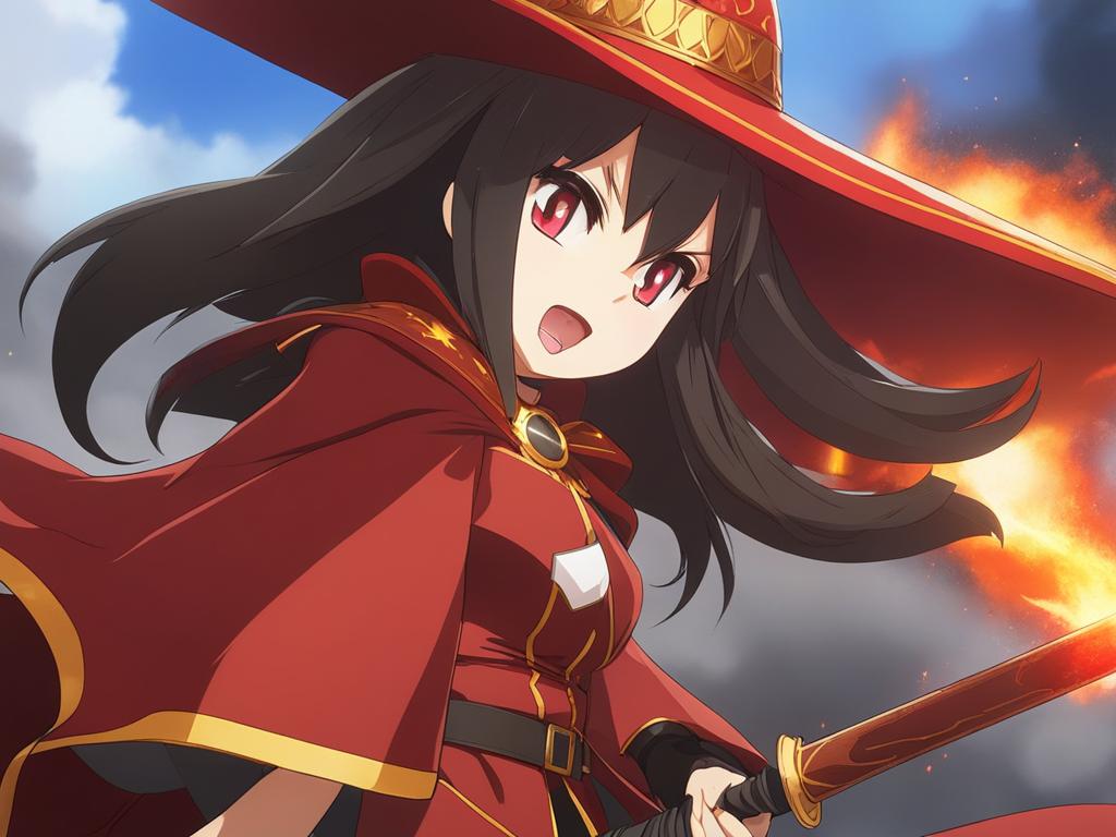 megumin unleashes explosive magic, obliterating foes in a fiery volcanic arena. 