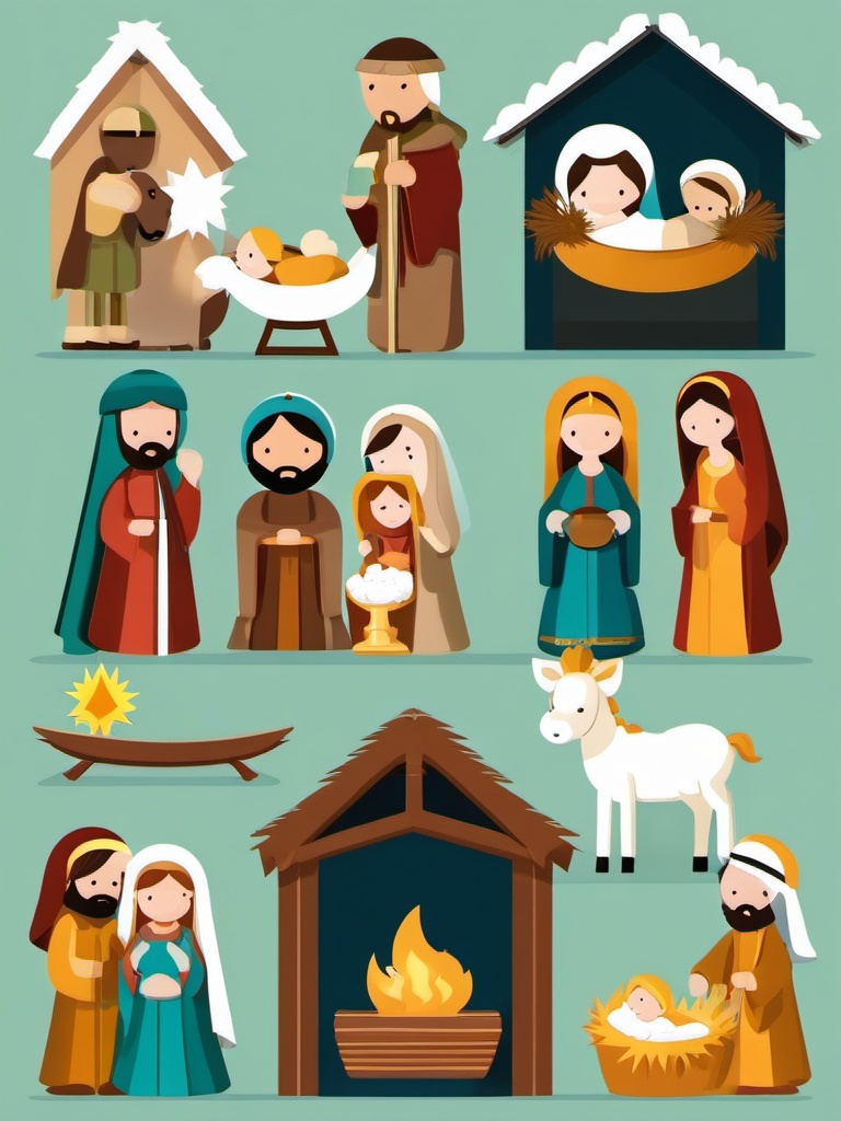 Nativity set clipart, A complete nativity set featuring the Holy Family.  simple, 2d flat