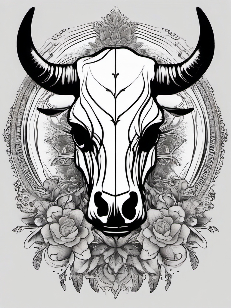 Mystical cow skull tattoo: Dreamy, evoking a sense of wonder.  black and white tattoo style