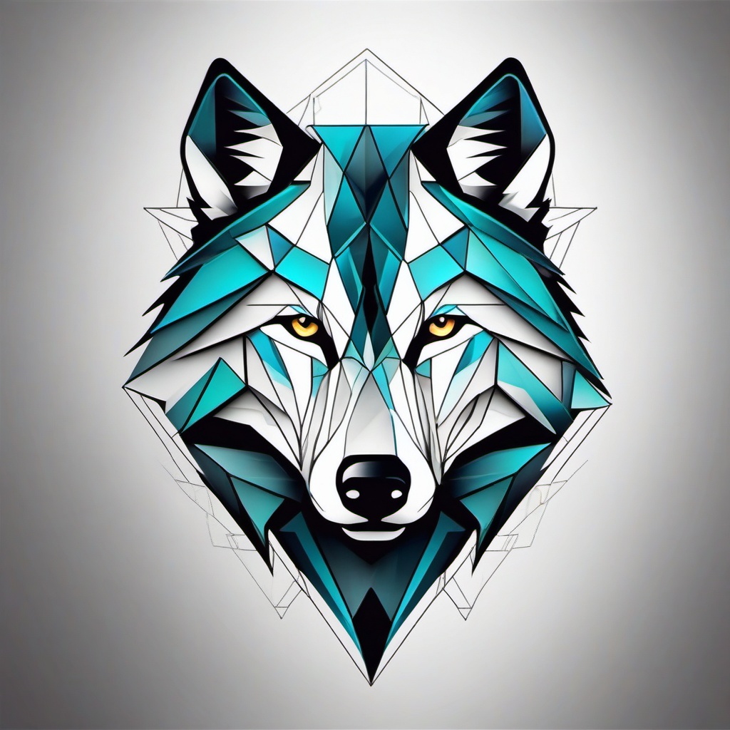 Geometric Wolf Tattoo,geometry meets the wild, as a wolf takes shape through precise lines and angles, symphony of artistry. , color tattoo design, white clean background