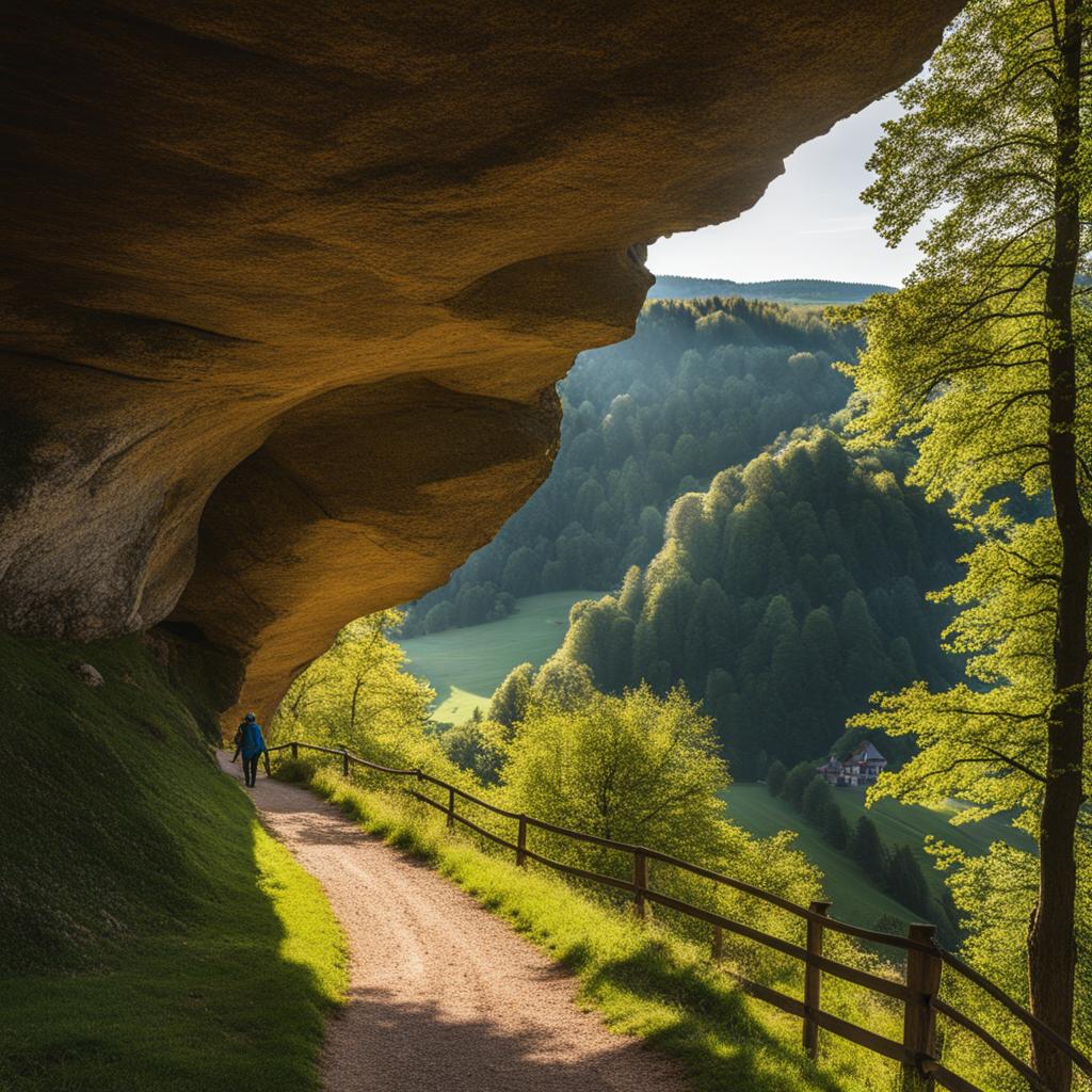 franconian switzerland hiking - illustrate the experience of hiking through the untouched landscapes of franconian switzerland, featuring caves and rock formations. 