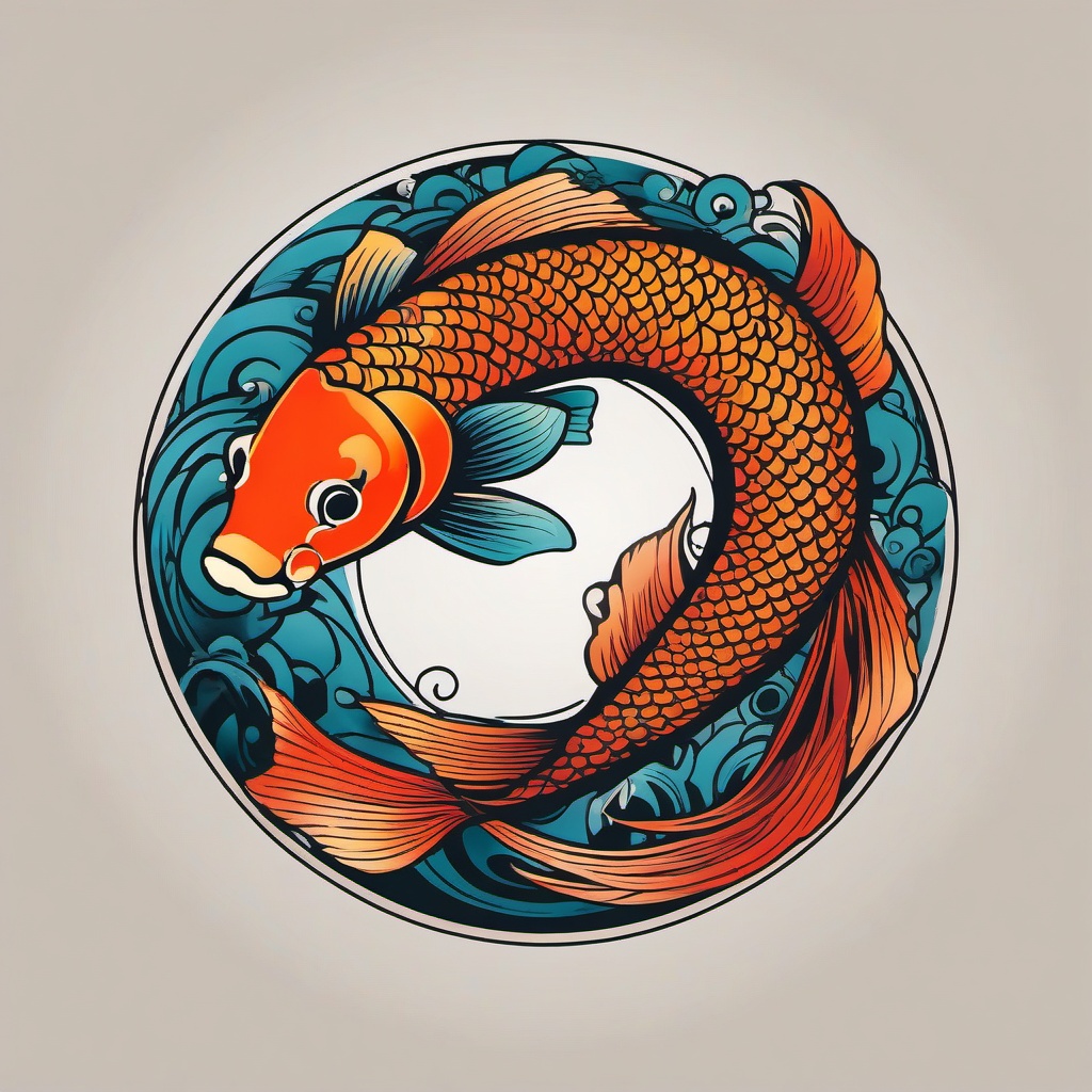 Circle Koi Fish Tattoo-Bold and vibrant tattoo featuring a Koi fish within a circle, symbolizing balance and harmony.  simple color vector tattoo