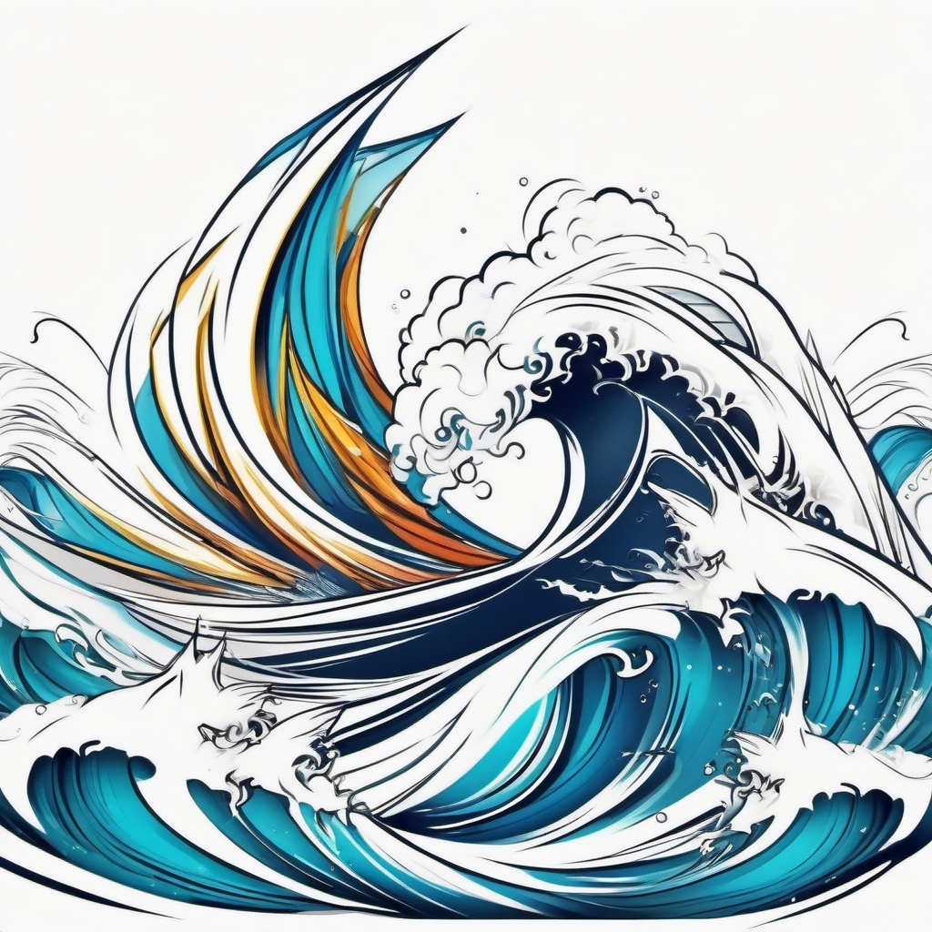 Abstract boat waves tattoo. Dynamic energy of aquatic motion.  color tattoo, white background