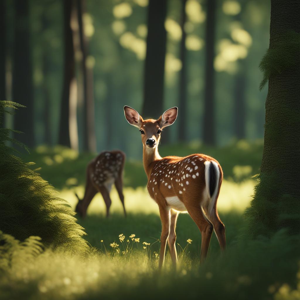 fawn grazing peacefully in a sun-dappled forest glade 8k ultrarealistic cinematic 