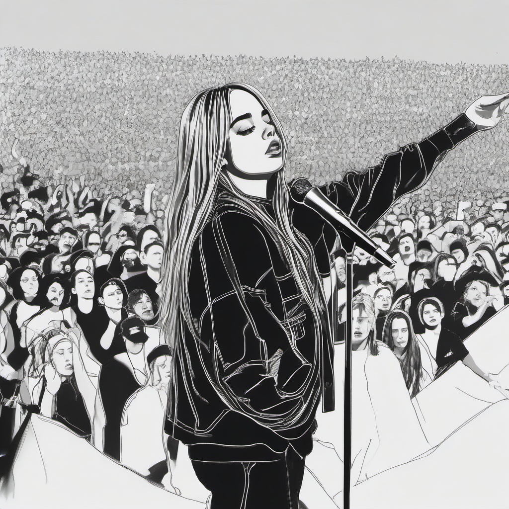 drawing of Billie Eilish on stage performing  minimal rough sketch scribbles,doodles,black and white