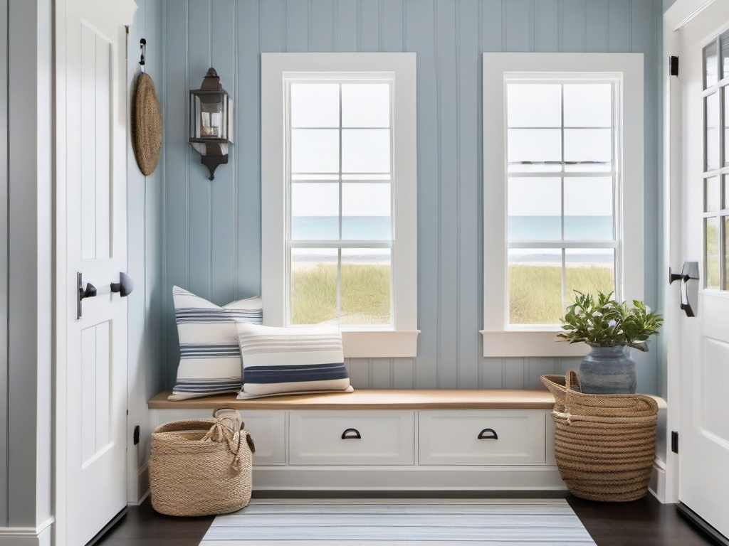 Coastal mudroom features light blue accents, nautical decor, and natural light, bringing a relaxed beach vibe to the entryway for a breezy feel.  