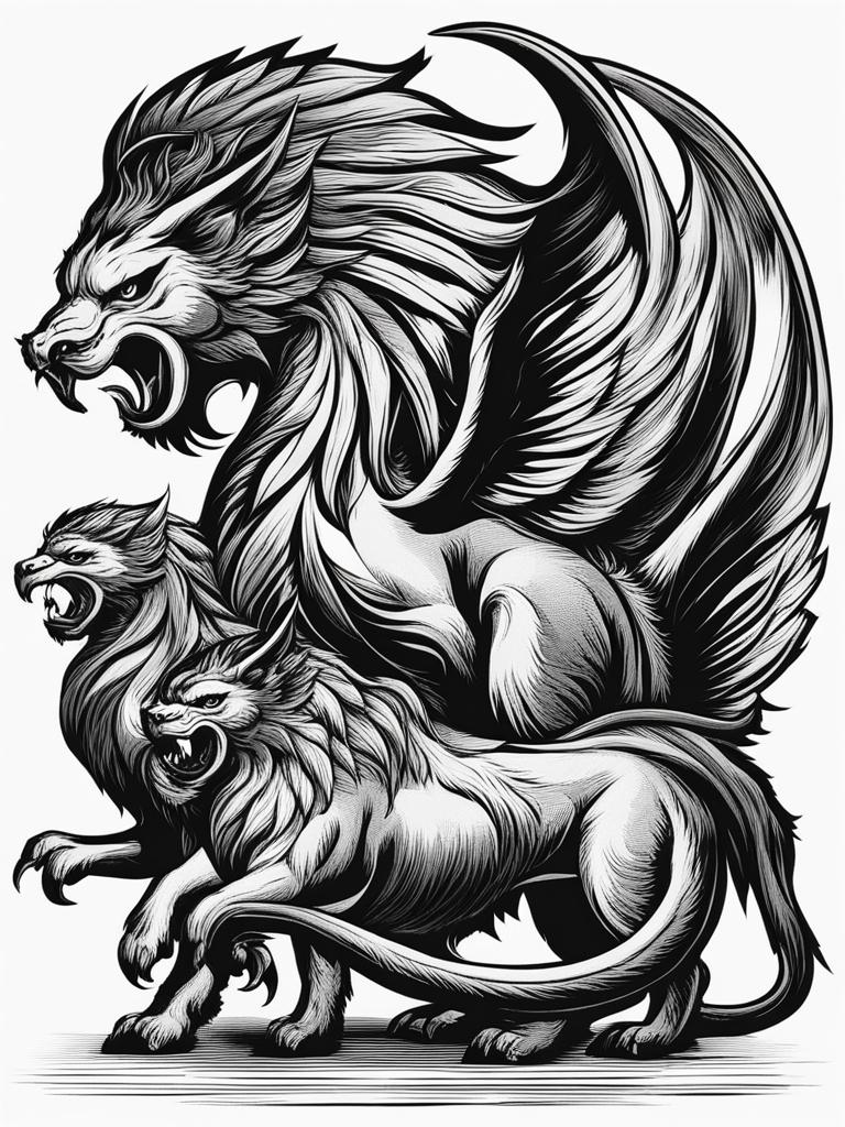 chimera clipart - a monstrous chimera with multiple heads and wings. 