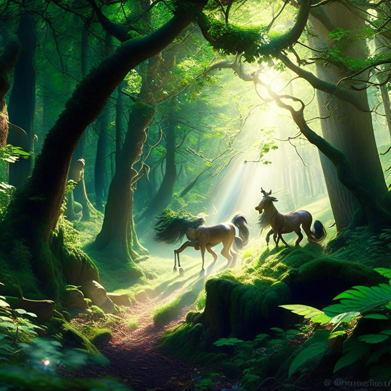 sylvans frolicking and dancing merrily in a sun-dappled glen within an ancient forest. 