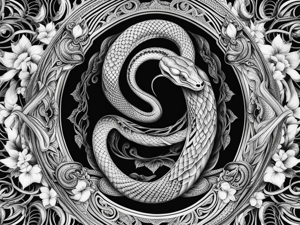 snake tattoo design with intricate patterns and symbolism related to rebirth and transformation. 