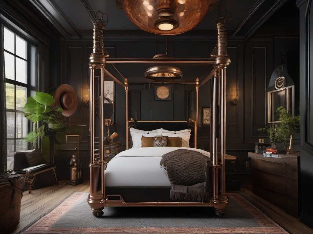 In the bedroom, steampunk interior design showcases a four-poster bed with industrial details, vintage textiles, and eclectic decor that create a unique and cozy sanctuary for rest.  