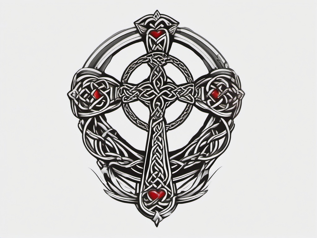 celtic cross and claddagh tattoo  simple color tattoo,minimal,white background