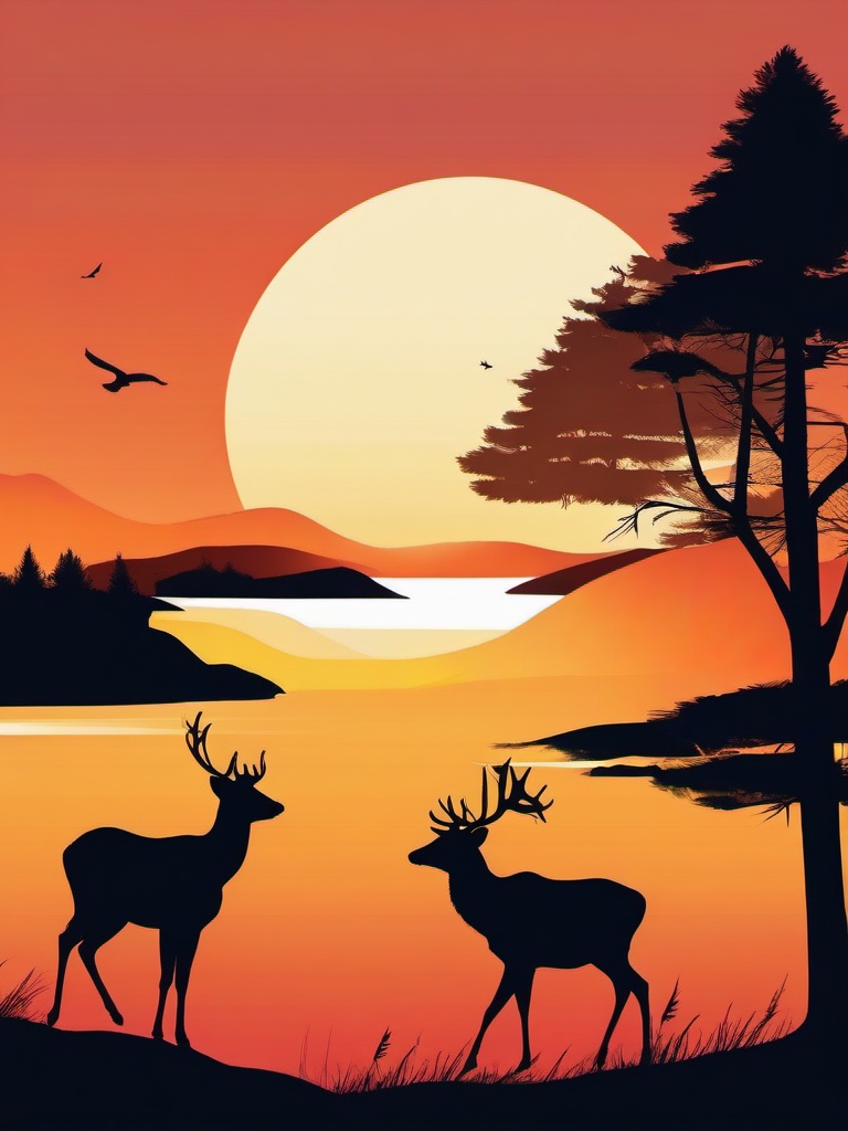 Deer clipart - deer silhouette against a sunset  color,minimalist,vector clipart