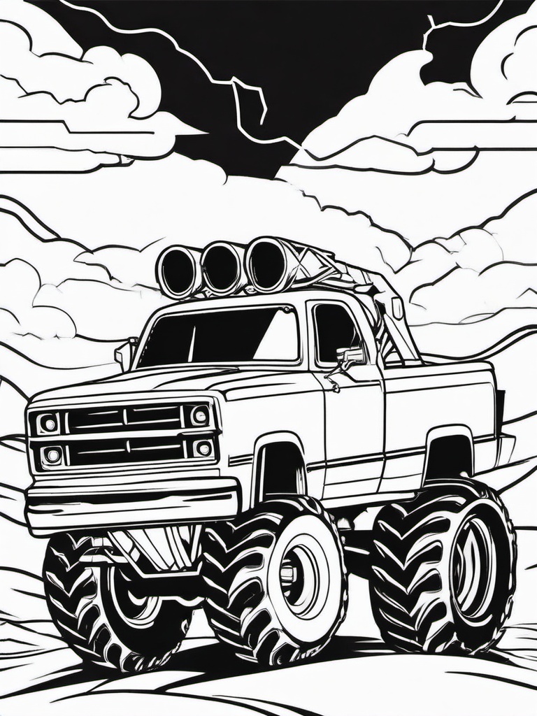 Monster Truck with Lightning Bolt Coloring Pages - Electrifying Trucks with Bold Lightning  minimal black outline printable sheet, coloring page