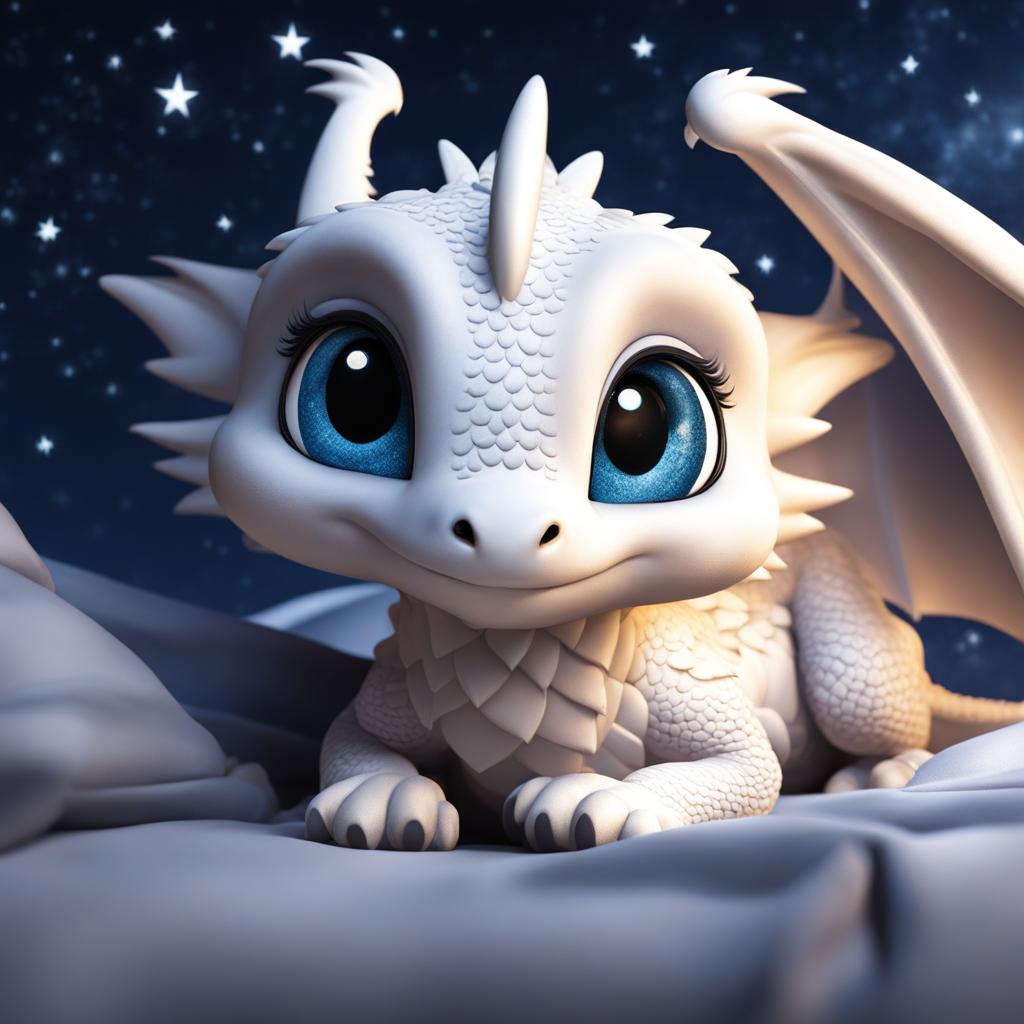 baby white dragon with big eyes laying on a soft bed looking at the stars. 