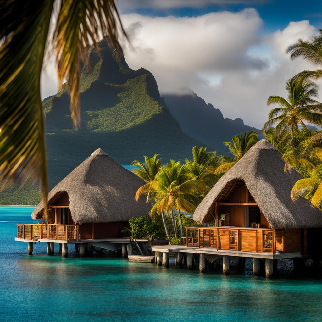 polynesian thatched huts, with ocean views, provide tranquil escapes in bora bora, french polynesia. 