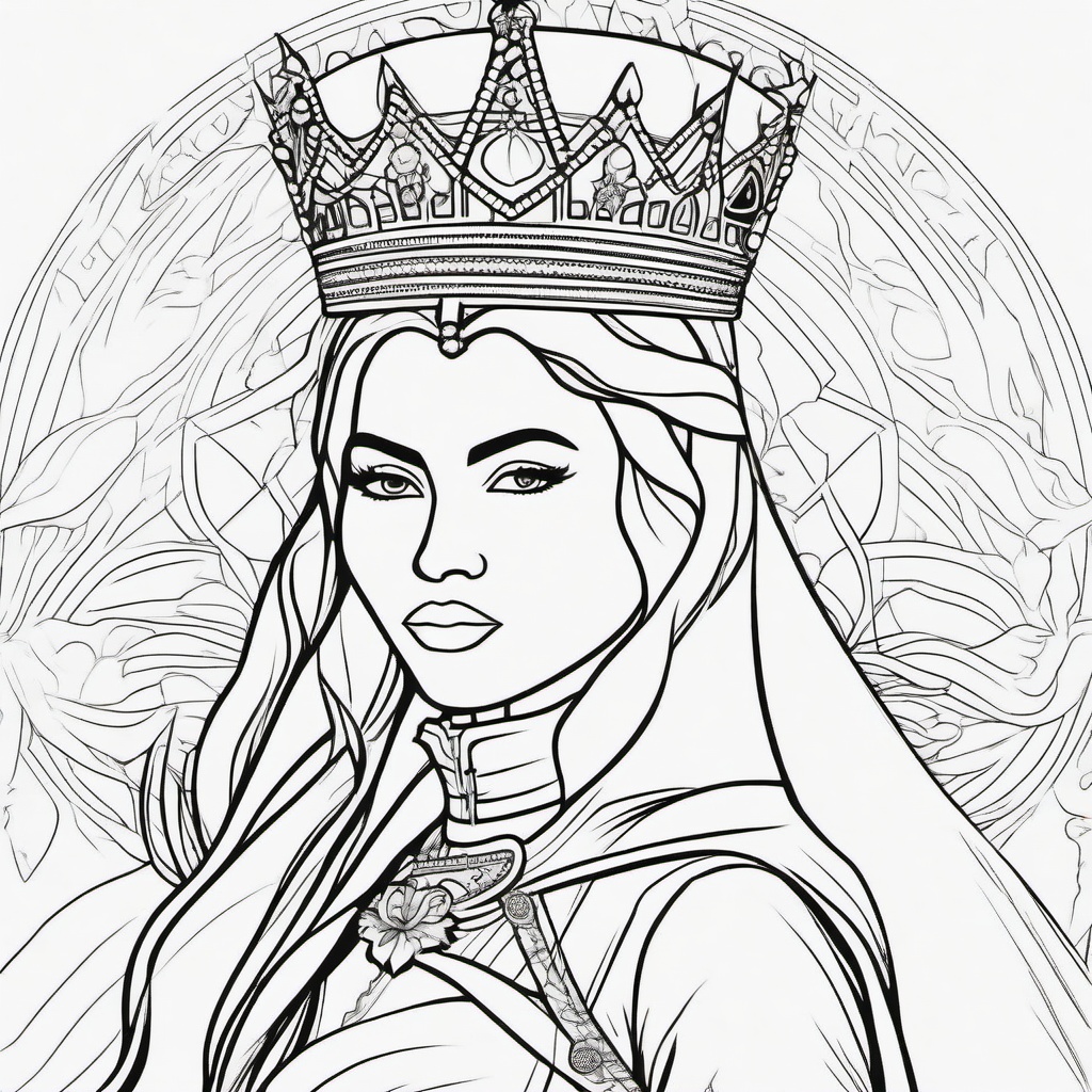 Queen, Brave woman Saving the Day, minimal black outline printable sheet, coloring page 