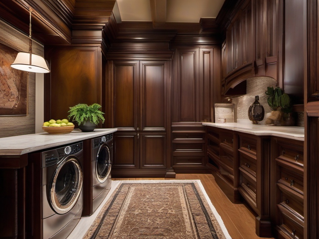 In the laundry room, Italian Renaissance interior design includes rich wood cabinetry, classic patterns, and decorative accents that elevate the practicality of the space into something beautiful.  