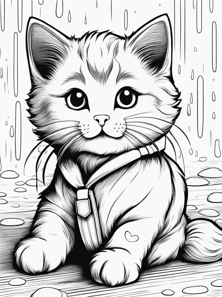 cat coloring pages - a cute kitten cuddles with a plush toy on a rainy day. 