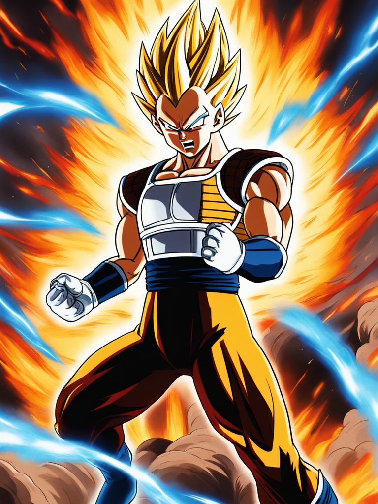 vegeta charges a devastating energy attack, surrounded by fiery explosions. 