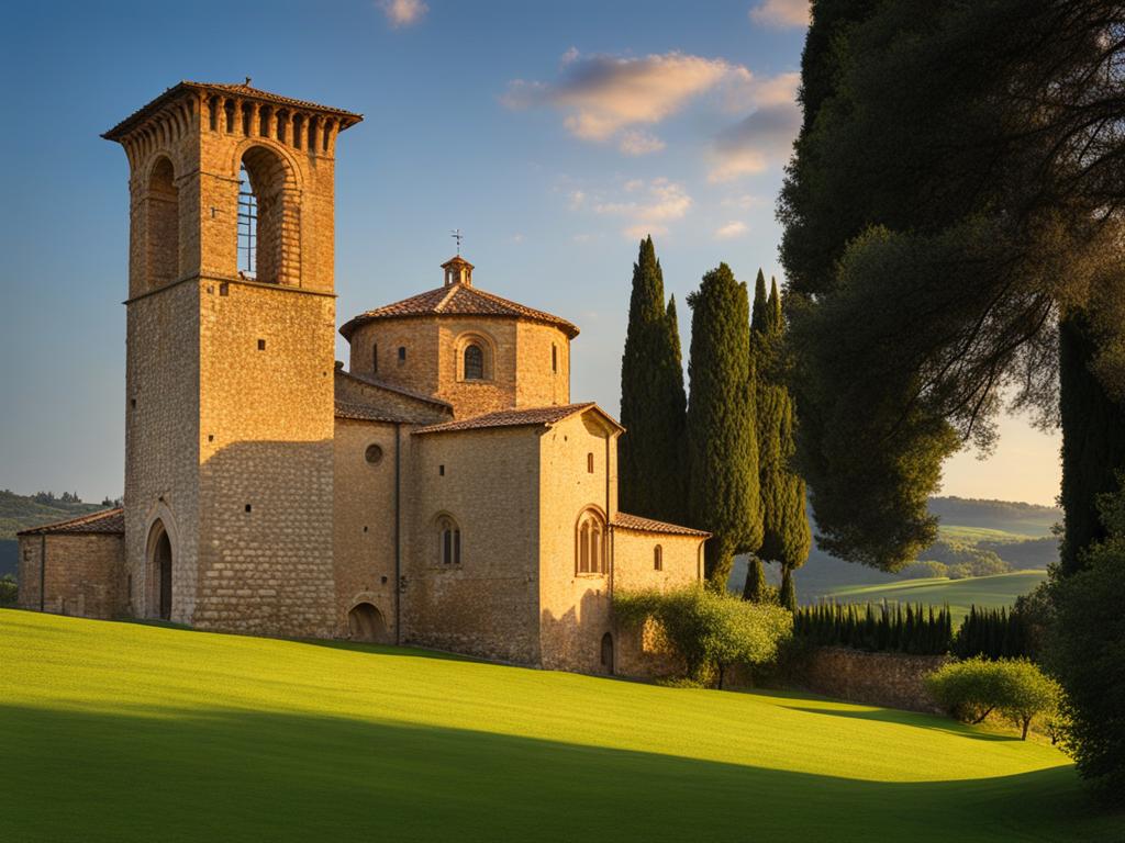 romanesque cathedrals, with their thick stone walls, grace the serene countryside of tuscany, italy. 