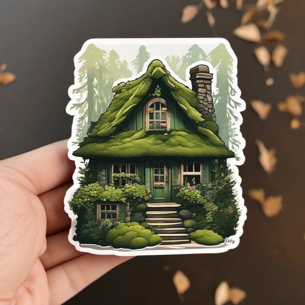 Moss-Covered Cottage Sticker - Embrace the fairy-tale vibes with the charming and moss-covered cottage sticker, , sticker vector art, minimalist design