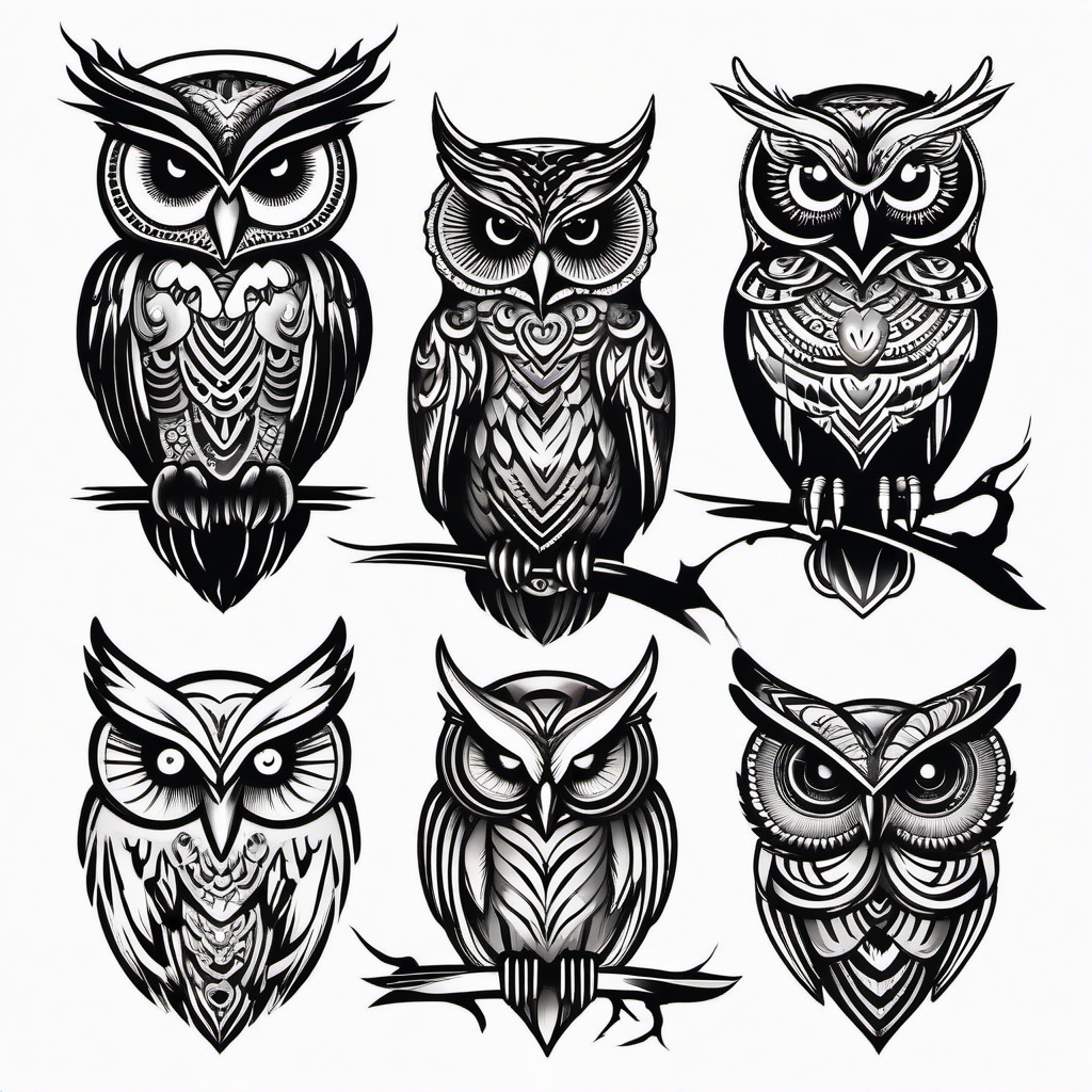 Black Owl Tattoos - Add mystery and style with a tattoo featuring black inked owls.  simple color tattoo,vector style,white background