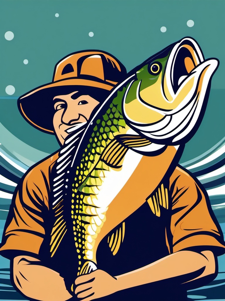 Bass fishing clipart, A fisherman proudly displaying a trophy bass.  simple, 2d flat