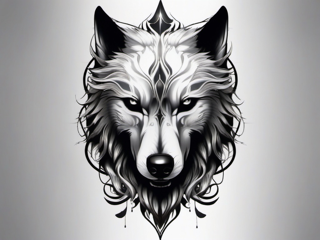 Wolf Skull Tattoo,haunting amalgamation of a wolf and a skull, eerie reflection of life and death. , tattoo design, white clean background