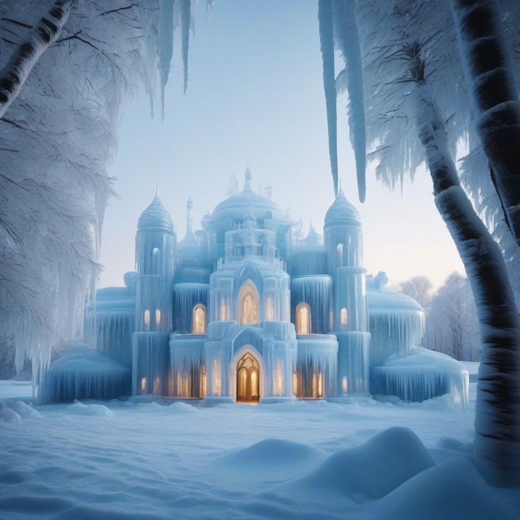 futuristic enormous palace made from ice among snow and ice, icicles, realistic details 